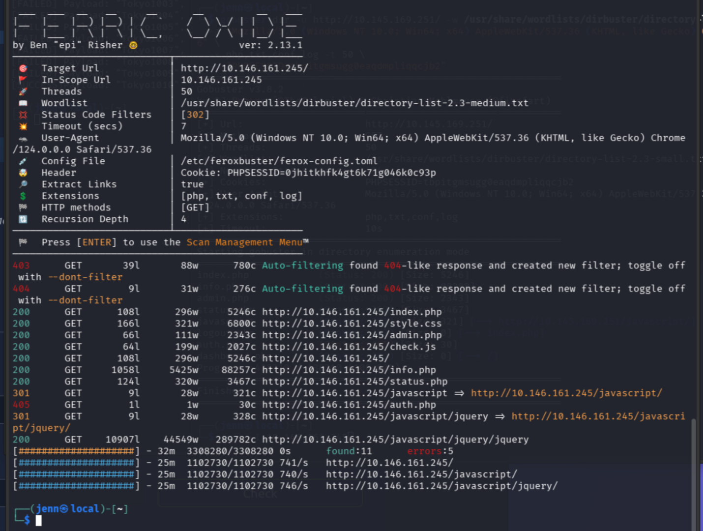 feroxbuster results showing /auth.php returning 405
